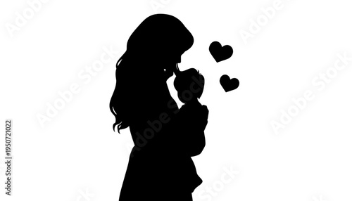 silhouette Mother tenderly hugging her baby with hearts floating nearby symbolizing love and affection in a simple black vector art