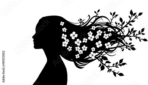 silhouette Woman with flowers in hair black and white vector art floral hairstyle elegant profile