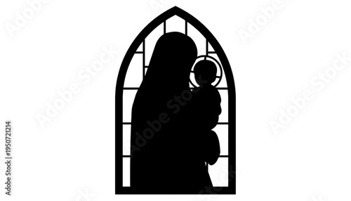 silhouette Mother holds baby in front of gothic church window