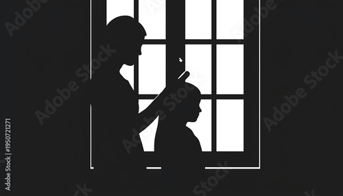 silhouette Mother brushing child's hair by window with white background