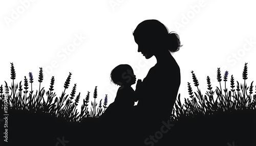silhouette Mother and baby silhouettes in a serene field of tall grass and flowers at sunset