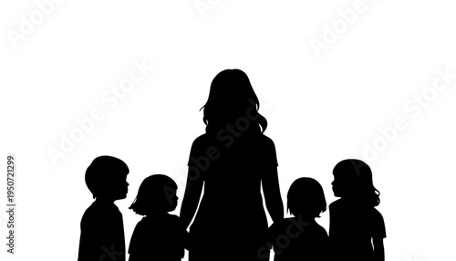 silhouette Mother and children standing together in a line black vector art on white background family unity concept