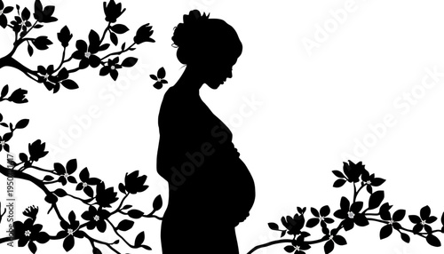 silhouette Pregnant mother with floral branches isolated on white background