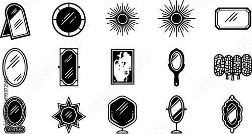 Mirror Reflective Surface Design Bold Line Icons-Arched Mirror Leaning Circular Mirror Wall Sunburst Mirror Beveled Edge Frameless Mirror Antiqued Mirror-15 Mirror Design Icon Set Vector - Reflective