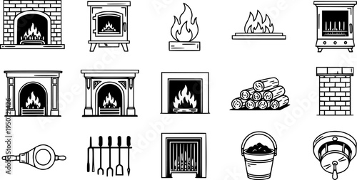 Fireplace Heating Design Bold Line Icons-Inglenook Recess Log Burner Bioethanol Flame Electric Fire Cast Iron Fireplace Gas Fire Fireplace Mantle Open Fire-15 Fireplace Icon Set Vector - Heating Desig