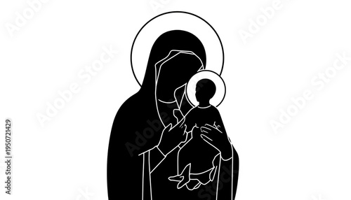 silhouette Mother holds child close loving family bond vector art with haloes symbolizing devotion and care