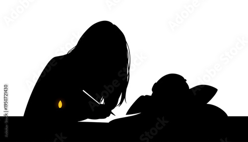 silhouette Mother writing while child sleeps beside her