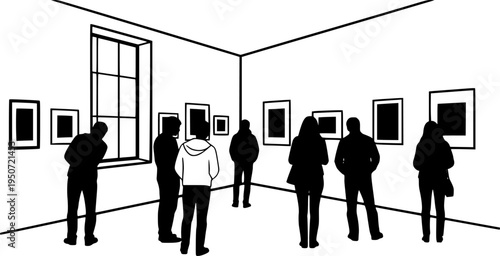people admiring art in a gallery silhouette vector illustration
