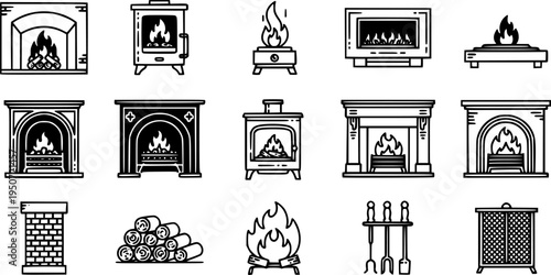Fireplace Heating Design Bold Line Icons-Inglenook Recess Log Burner Bioethanol Flame Electric Fire Cast Iron Fireplace Gas Fire Fireplace Mantle Open Fire-15 Fireplace Icon Set Vector - Heating Desig