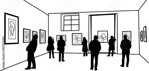 people admiring art in a gallery silhouette vector illustration
