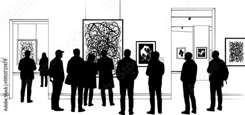 people admiring art in a gallery silhouette vector illustration
