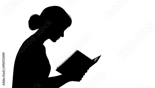 silhouette Mother reading book with focused expression in black vector art
