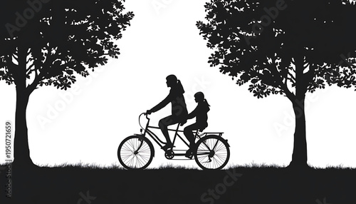 silhouette Mother and daughter riding tandem bicycle between trees in park
