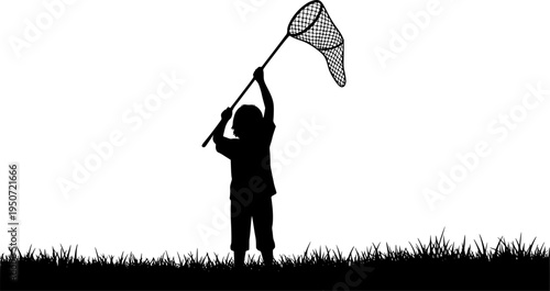 A silhouette of a child standing in a grassy field, holding a butterfly net raised high above their head, as if ready to catch something
