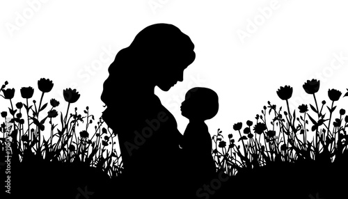 silhouette Mother and baby standing together in a field of flowers black vector art symbolizing love and connection in nature