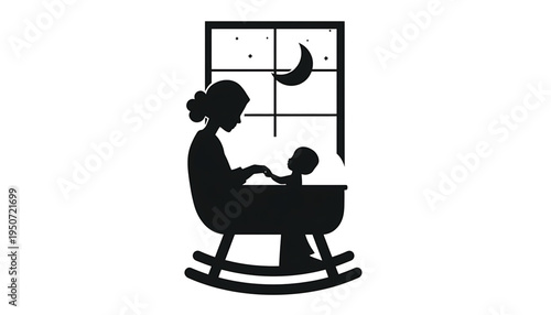 silhouette Mother soothing baby to sleep at night by window with moonlight