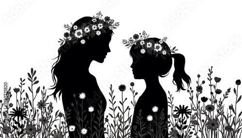 silhouette Mother and daughter silhouettes facing each other in a field of flowers with floral crowns on their heads in profile view