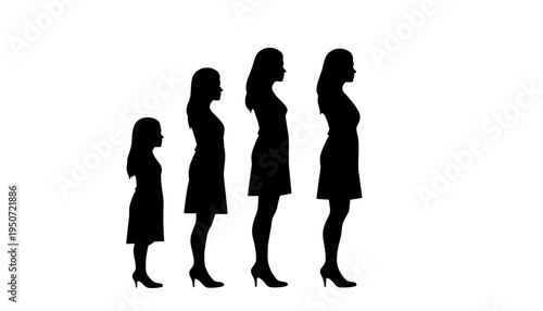 silhouette Four generations of women in standing in a row representing family growth and aging with varying heights and poses