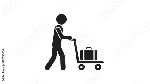 Luggage Cart Traveler Silhouette Pushing Suitcase Transport Trolley Icon Isolated on White