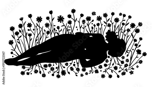 silhouette Mother lying in flowers black vector art of a woman relaxing in a field of blooming plants and grass