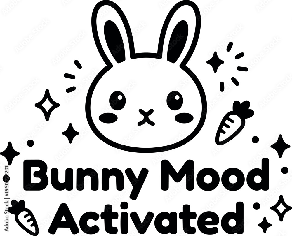 Obraz premium Cute black and white bunny face with cheeks and carrots cartoon style text bunny mood activated simple vector art design