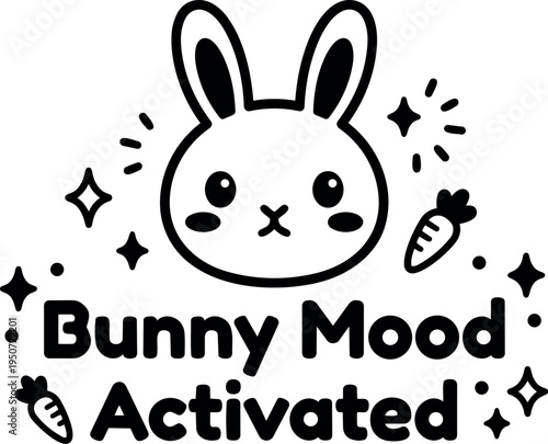 Cute black and white bunny face with cheeks and carrots cartoon style text bunny mood activated simple vector art design