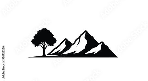 Dramatic mountain and tree landscape in bold black silhouette