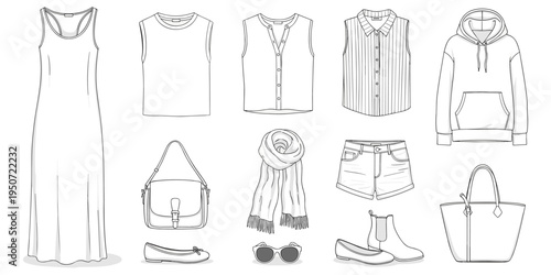 Women’s clothing accessories illustration set, fashion apparel design, casual wardrobe motif artwork, stylish decorative symbol, retail catalog motif, flat vector drawing