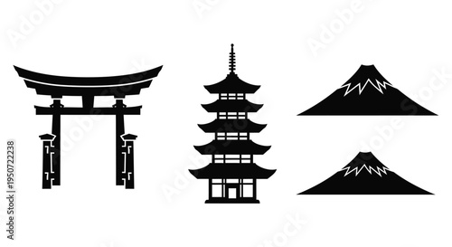 Japanese landmarks including torii gate pagoda and fuji silhouette