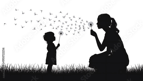 silhouette Mother and child blowing dandelion seeds in a serene outdoor setting with a white background