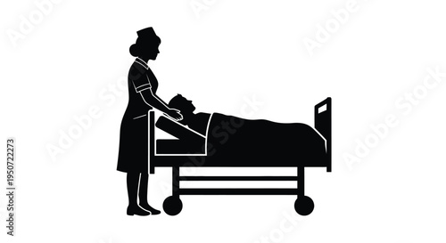 Nurse attending to patient in hospital bed black silhouette