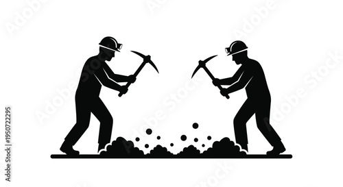 Two miners swinging pickaxes at rock a striking silhouette