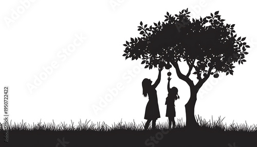 silhouette Mother and daughter picking fruit from tree in happy family moment in nature