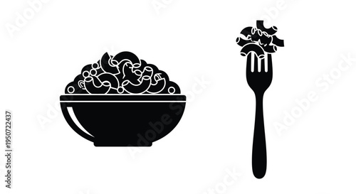 Black silhouette of pasta in a bowl and on a fork silhouette