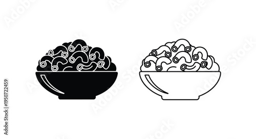 Two black and white bowl illustrations depicting macaroni a silhouette