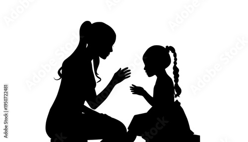 silhouette Mother and daughter in conversation black vector art of a woman and young girl talking and interacting