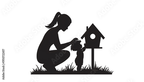 silhouette Mother and child interact with birdhouse in grassy setting