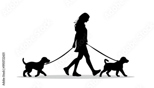 silhouette Woman walking two dogs on leashes vector art black white background pet owner canine companions outdoor stroll leisure activity