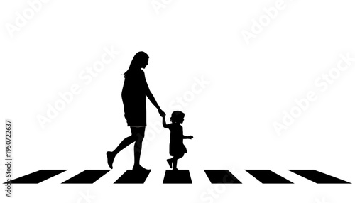 silhouette Mother and child crossing street holding hands in black on white background