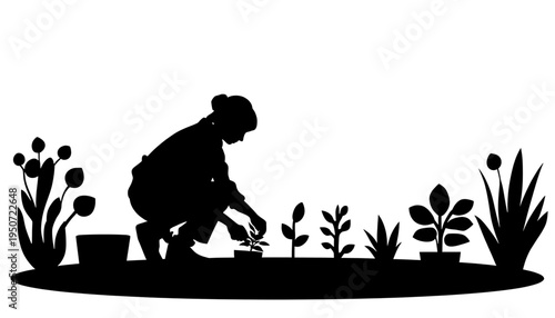 silhouette Mother and daughter gardening together planting flowers and plants in the ground with love and care