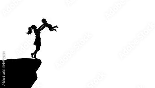 silhouette Mother catching child cliff edge black white vector art