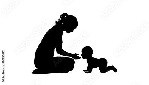 silhouette Mother in black sitting on floor with baby crawling towards her conveying love and care in a simple yet powerful gesture