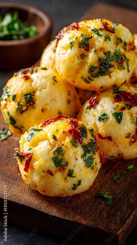 Fototapeta premium Golden Savory Bites with Fresh Herbs and Chili Flakes on Rustic Wood