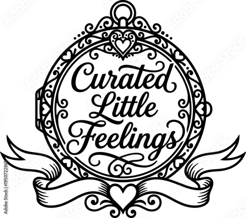 Ornate vintage frame with decorative hearts and swirling leaves surround curated little feelings hand lettering in classic black and white style