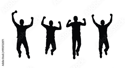 Four joyful figures jumping with arms raised in a dark silhouette