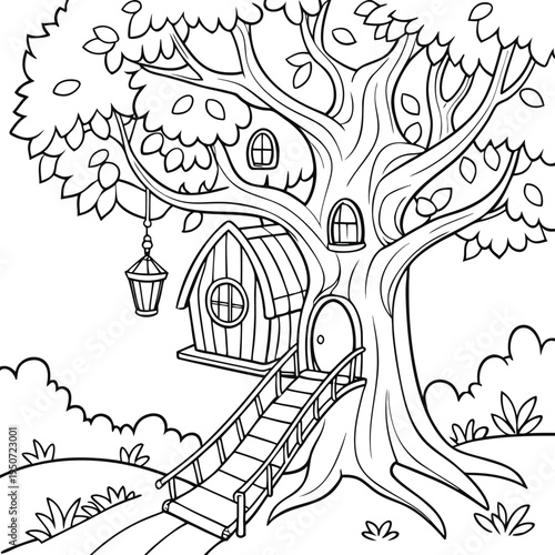 Cozy Mini Treehouse with Hanging Lanterns – Hand-Drawn Black Outline Coloring Page