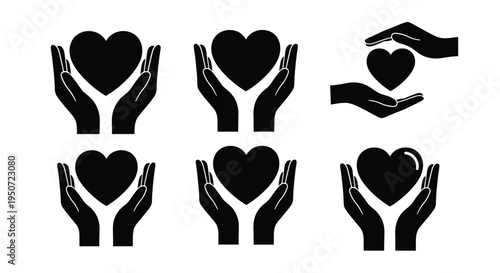 Hands cradling hearts in varying positions a minimalist silhouette