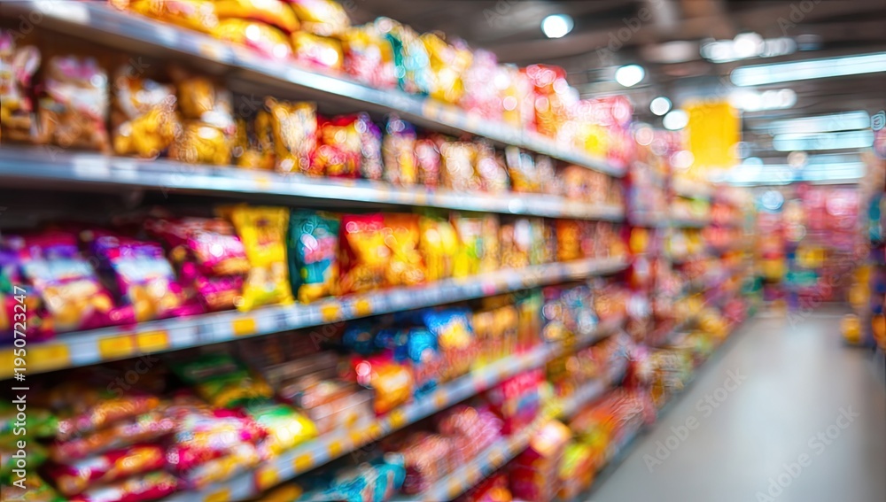 Fototapeta premium Blurred Supermarket Aisle with Colorful Snack Bags on Shelves.