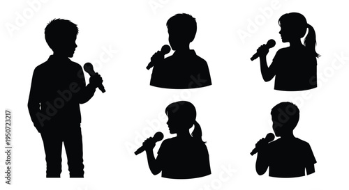 Children singing into microphones a striking black silhouette