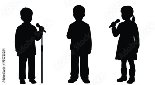 Three children singing into microphones a striking black silhouette